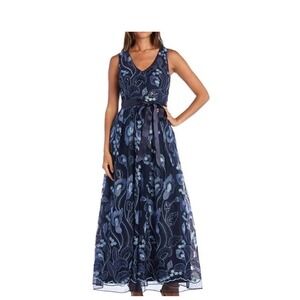 R&M Richards Women's  Embroidered Floral  Gown Navy sz 6p (no belt)